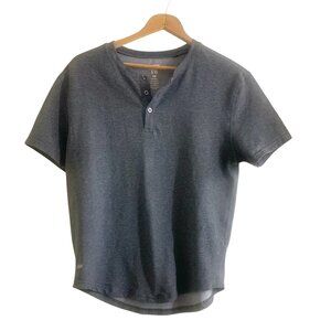 Gray Curved Hem Short Sleeve Stretch Henley Sz Sm